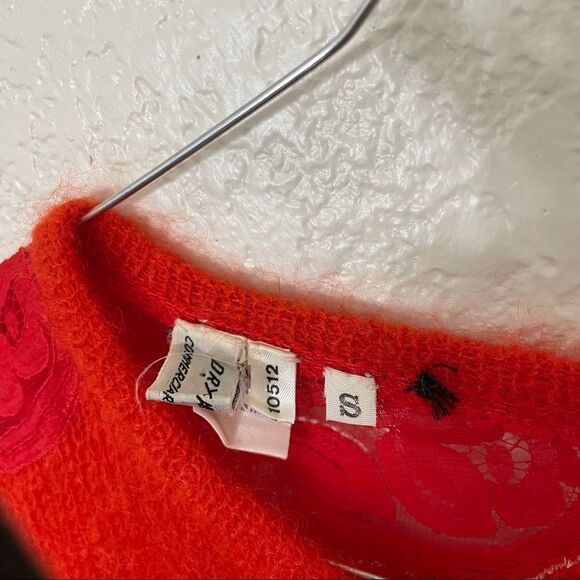 Vintage Red Italian Mohair and Wool Fuzzy Pullover Sweater With Lace Sleeves - Picture 13 of 15